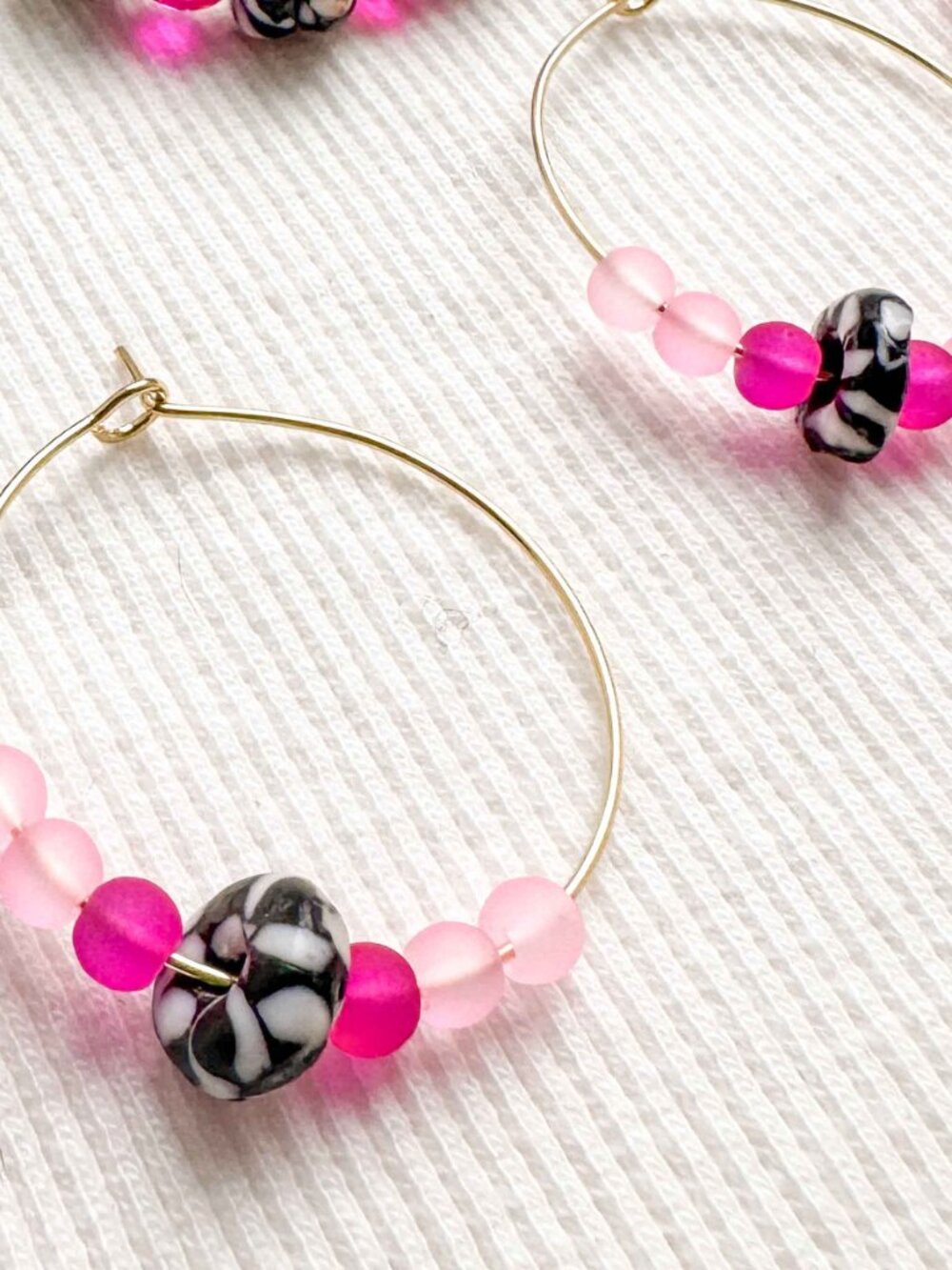 Recycled Glass Hoop Earrings Pink Black White Stainless Steel Beaded - Picture 12 of 12